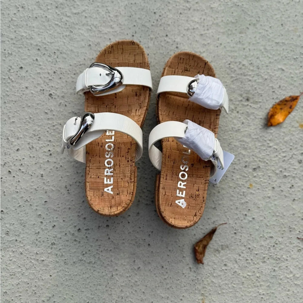 AEROSOLES White Cork Slide Sandals with Shiny Silver Buckles - Picture 1 of 10